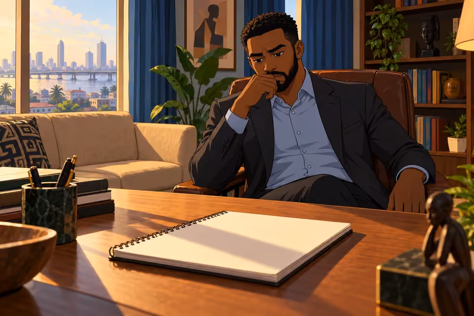 Marcus studies a blank notepad in his modest therapy office.