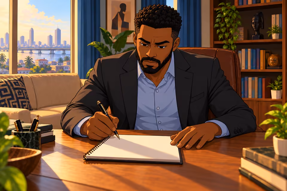 Marcus grips his pen while considering the Adebayo case.