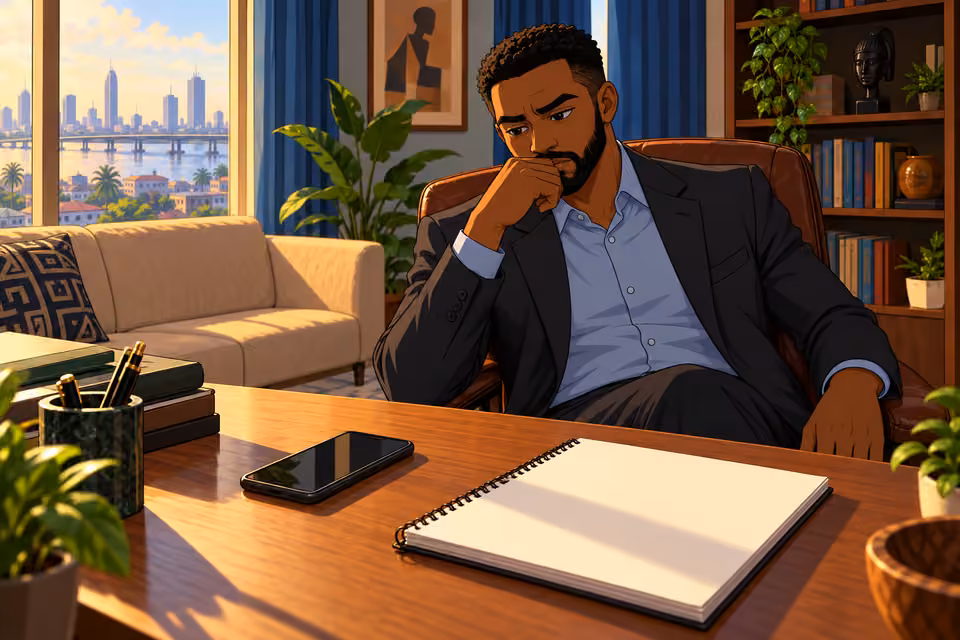 Marcus looks thoughtfully toward his phone and notebook.