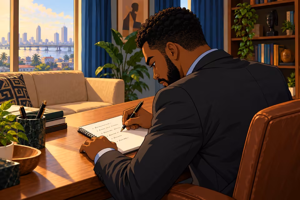 Marcus opens his notepad and begins jotting down ideas.