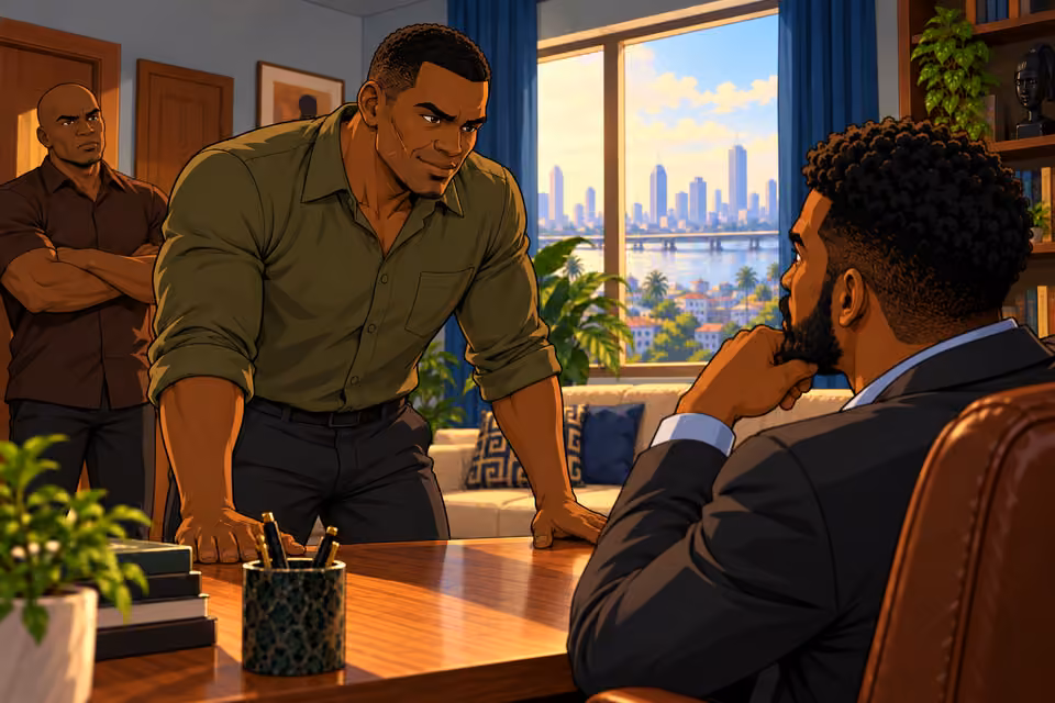 Scarface calmly addresses Marcus across the desk.