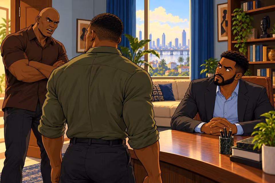 The bald visitor coldly challenges Marcus’s excuses.