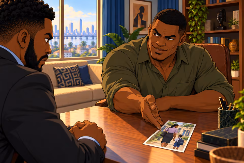 Scarface gestures casually toward the family photograph.