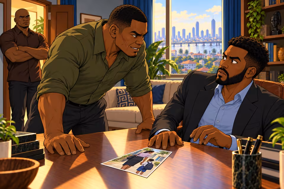 Scarface leans across the desk to deliver an ultimatum.