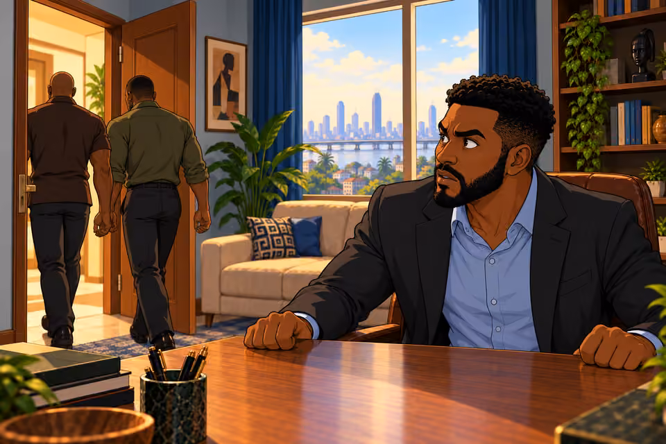 Marcus grips his desk as the visitors leave.