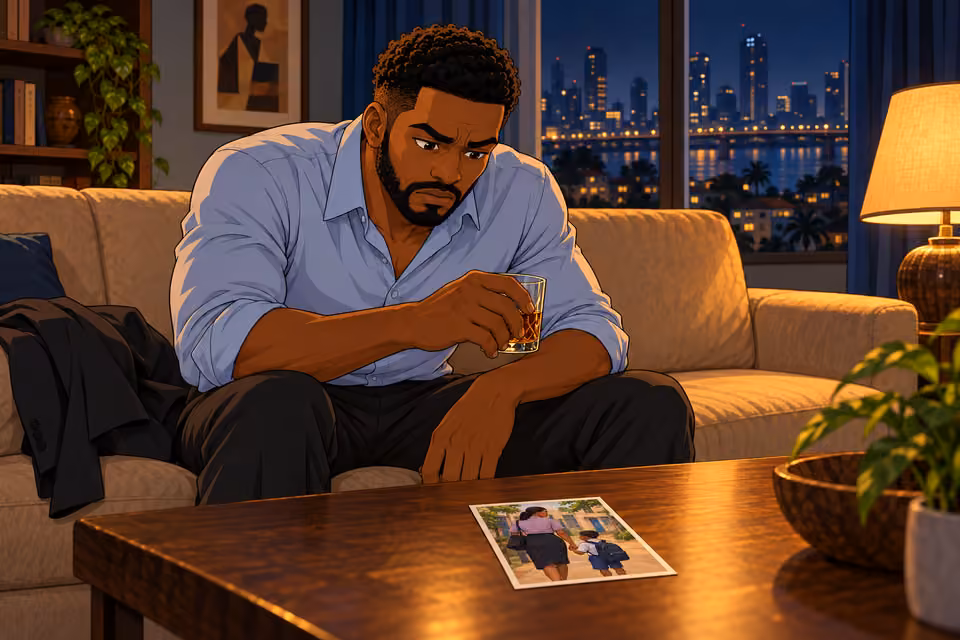 Marcus studies the photograph over a glass of whisky.