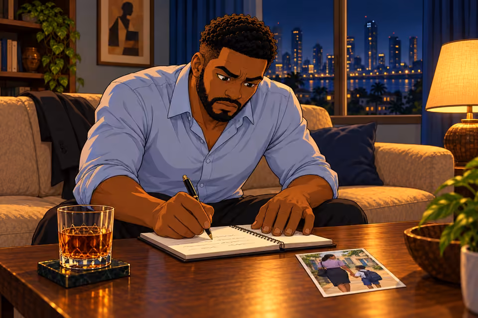 Marcus writes possible approaches in his notebook late at night.