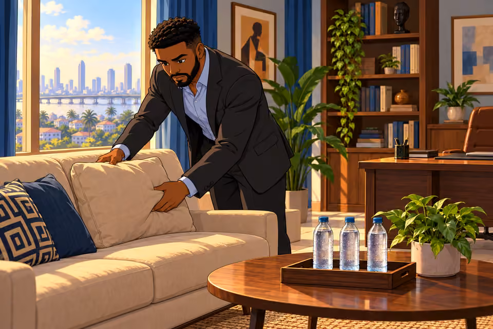 Marcus arranges the couch cushions before the session.
