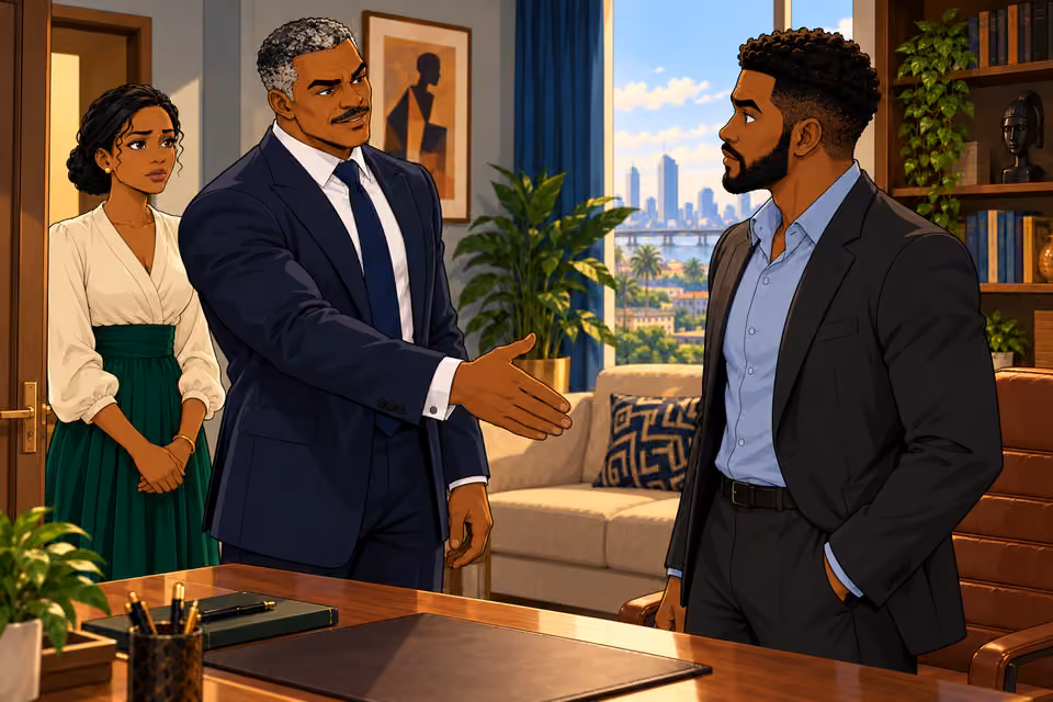 Victor offers Marcus a greeting and an outstretched hand.