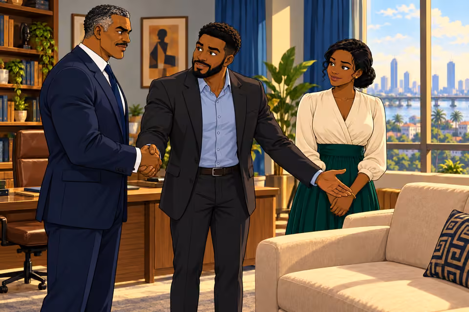 Marcus shakes Victor’s hand and invites the couple to sit.