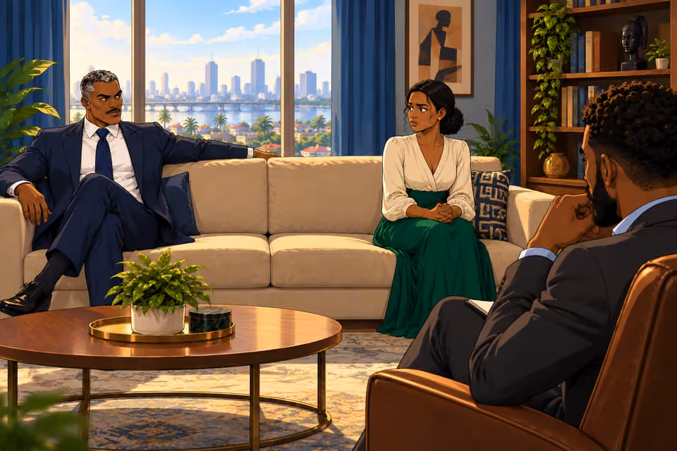 Victor and Claire sit at opposite ends of the couch.