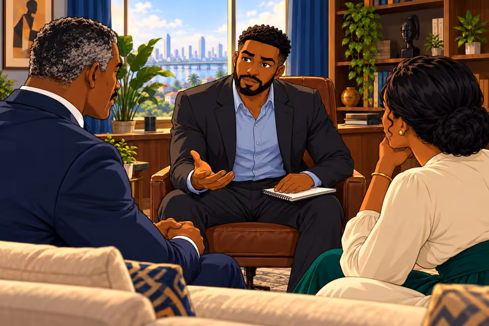Marcus calmly explains his role to the couple.