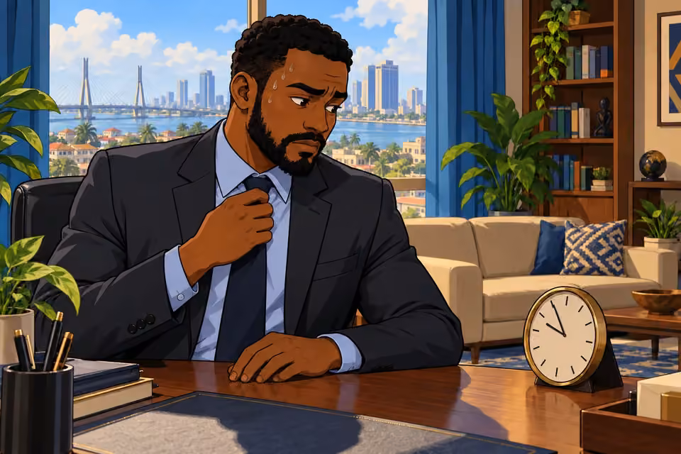 Marcus nervously adjusts his tie while watching the desk clock.