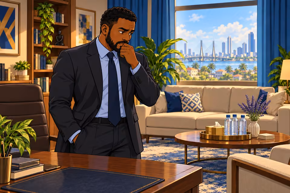 Marcus surveys the carefully arranged therapy office.