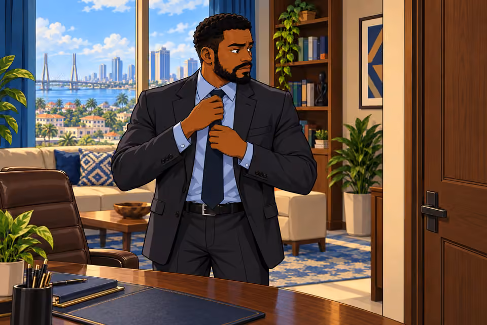 Marcus smooths his shirt as a knock announces the appointment.
