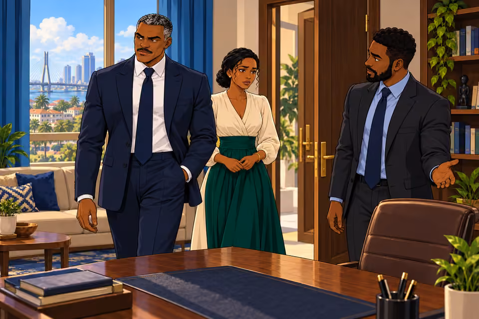 Victor and Claire enter the office with visible tension.