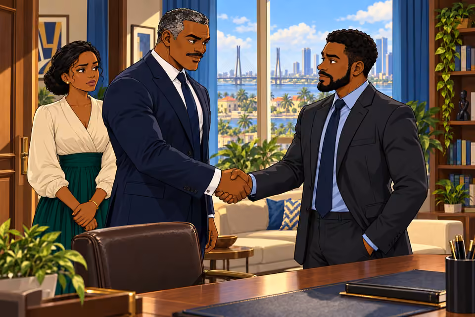 Victor greets Marcus with a firm handshake.