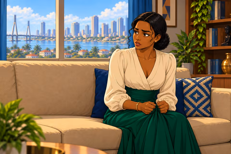Claire twists the edge of her dress as she explains her feelings.