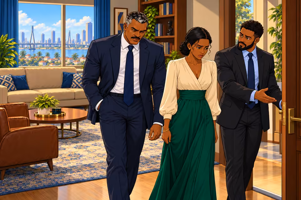 Marcus escorts the drained couple to the door.