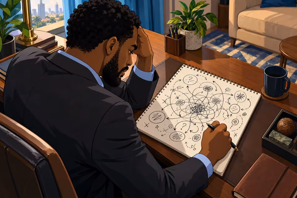 Marcus leans over a tangled diagram of notes and arrows.