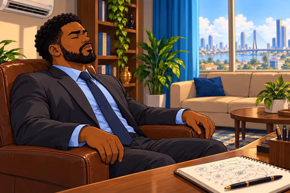 Marcus closes his eyes and leans back in his office chair.