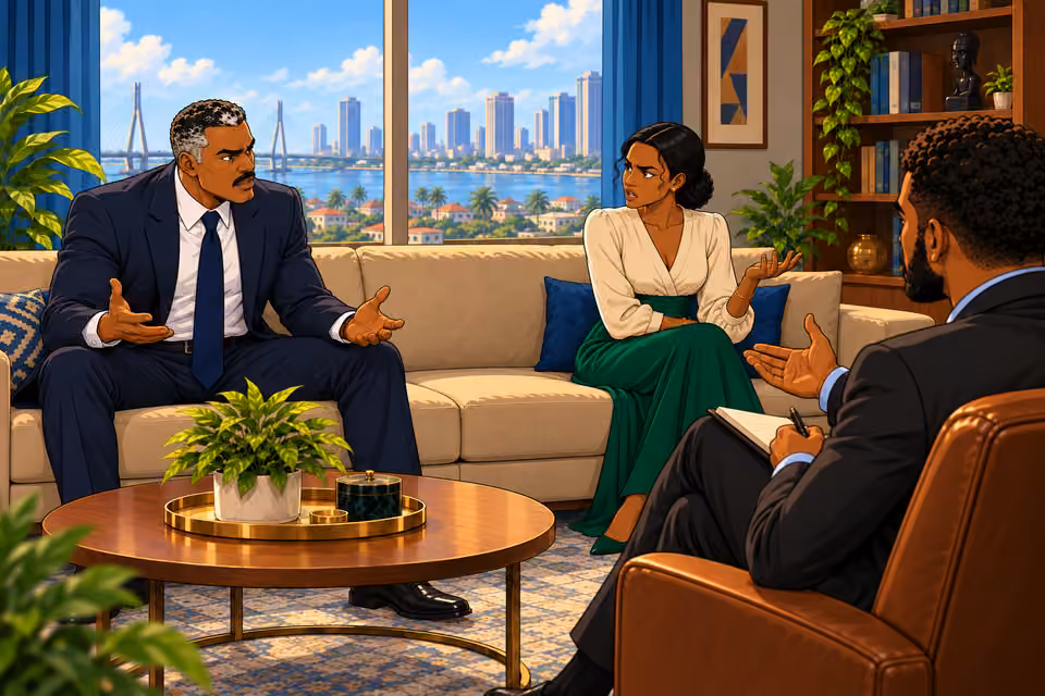 Marcus guides the discussion as the couple begins accusing each other.