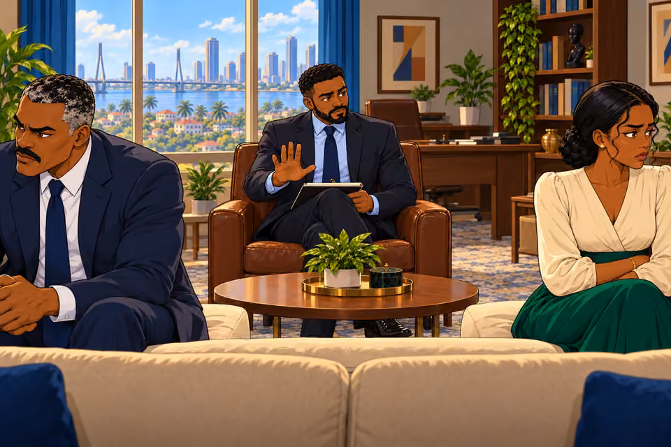 Marcus intervenes with a calming gesture.