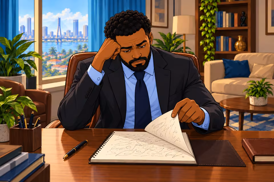 Marcus settles into his chair and returns to his notes.