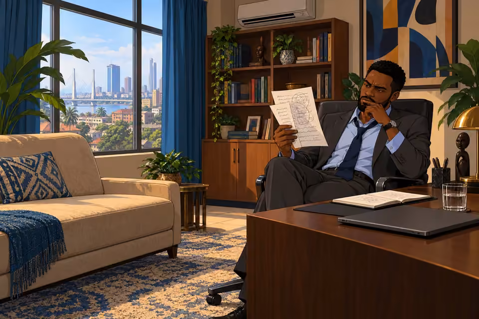 Marcus reclines in his office chair, suspiciously studying his session notes.