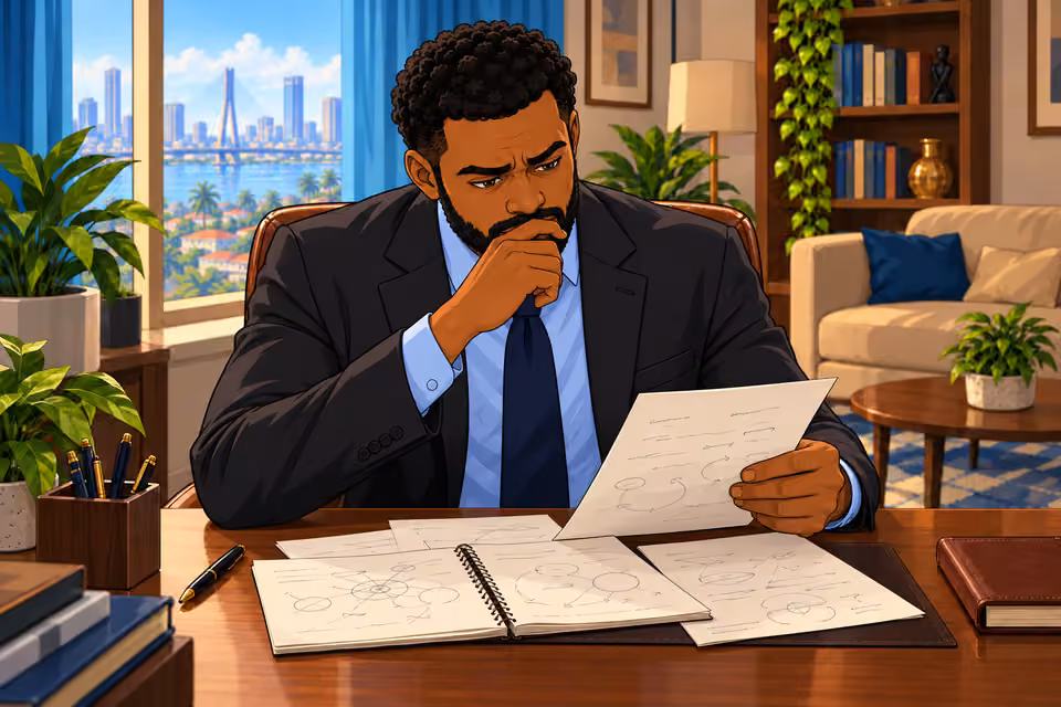 Marcus studies his notes with growing suspicion of Victor.