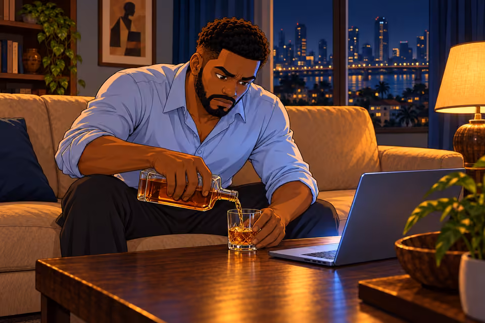Marcus pours whisky while considering his discovery.