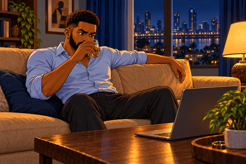 Marcus sips whisky while weighing a risky disclosure.