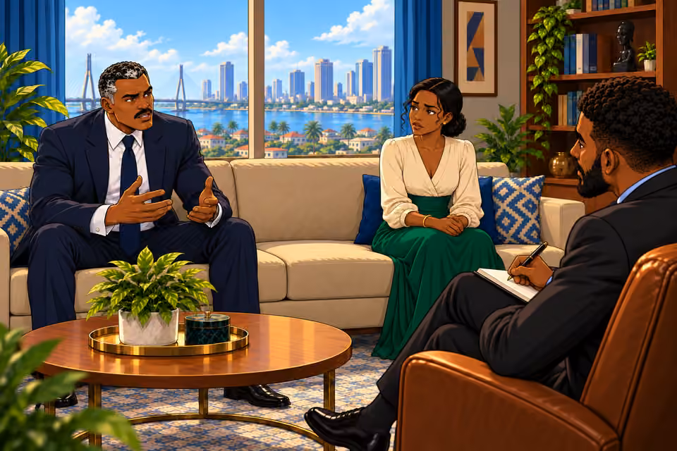 Marcus gently probes Victor’s business pressures during the session.