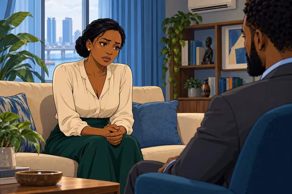 Claire sits anxiously with clasped hands across from Marcus.