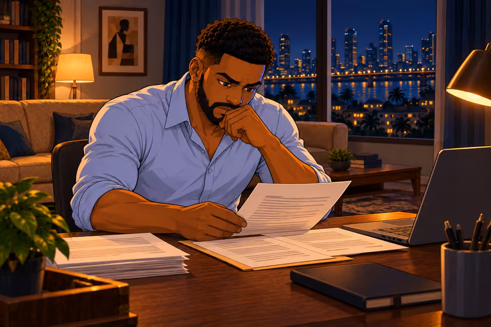 Marcus studies the report alone at his apartment desk.