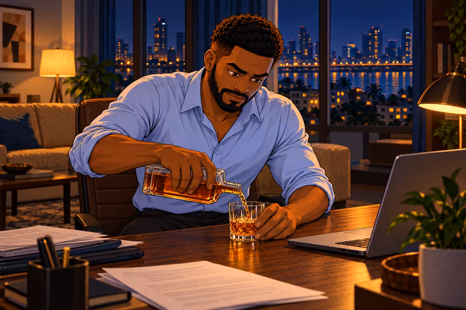 Marcus pours a drink with a bitter smile.
