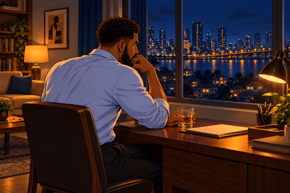 Marcus looks out over Lagos while sitting with his decision.