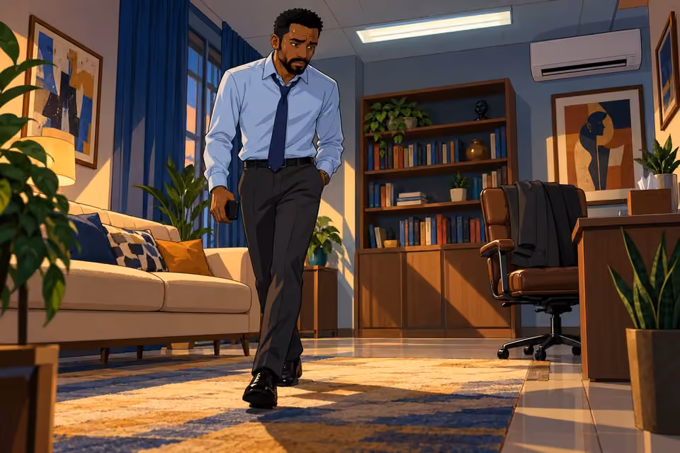 Marcus paces his office gripping his phone beneath fluorescent lights.