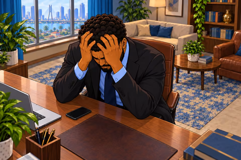 Marcus buries his head in his hands.