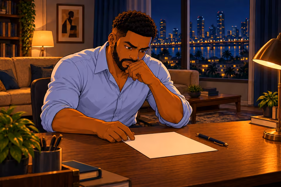 Marcus stares at a blank page in his apartment.