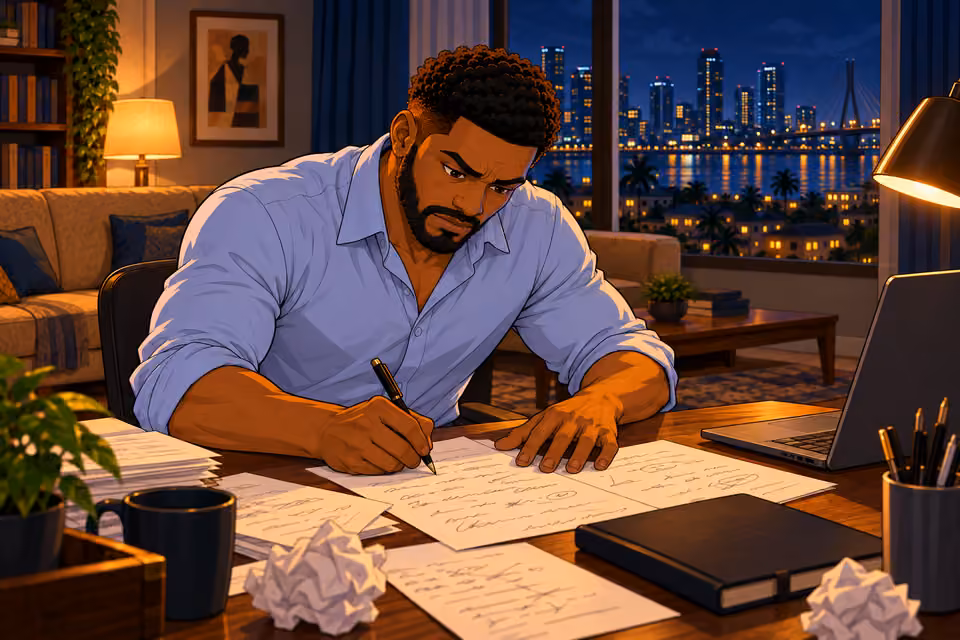 Marcus rapidly writes down possible plans.