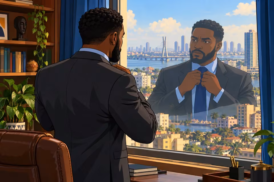 Marcus adjusts his tie while studying his tense reflection in the window.