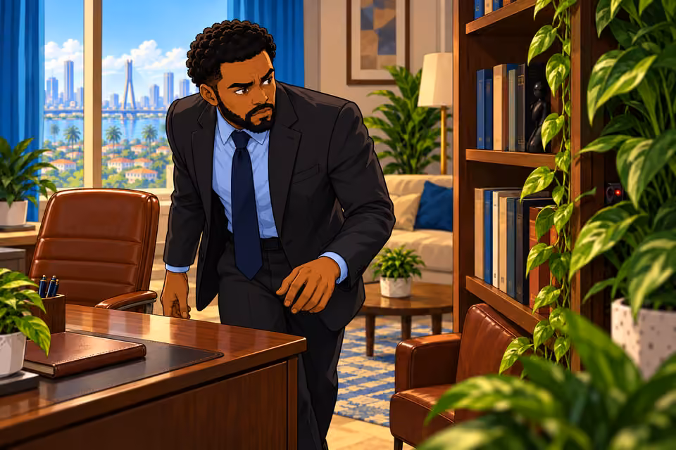 Marcus notices a tiny blinking light beside the bookshelf.
