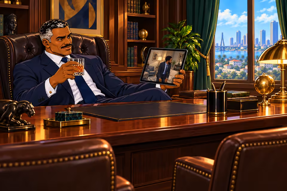 Victor watches the office feed while holding his drink.