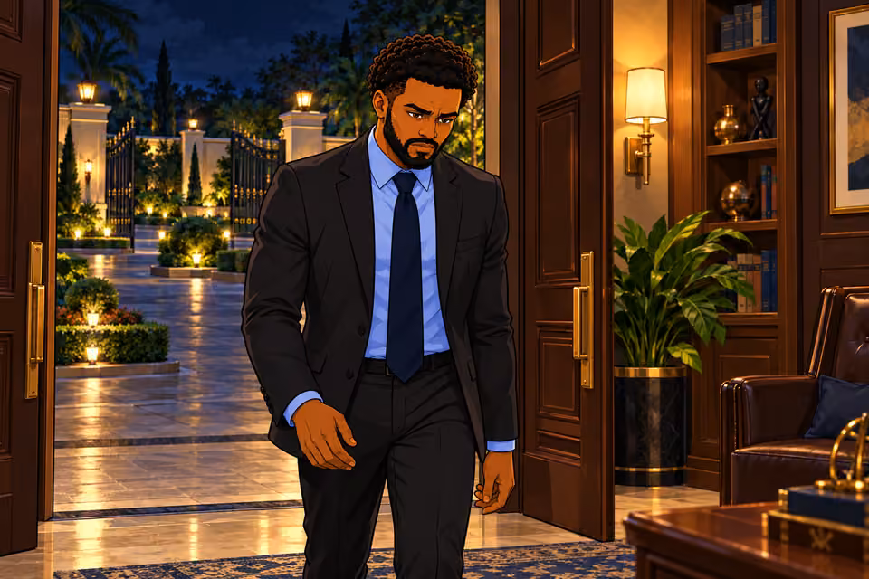 Marcus arrives at Victor’s imposing estate and enters the study.