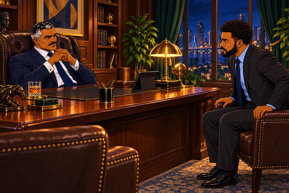 Marcus reluctantly sits opposite Victor.