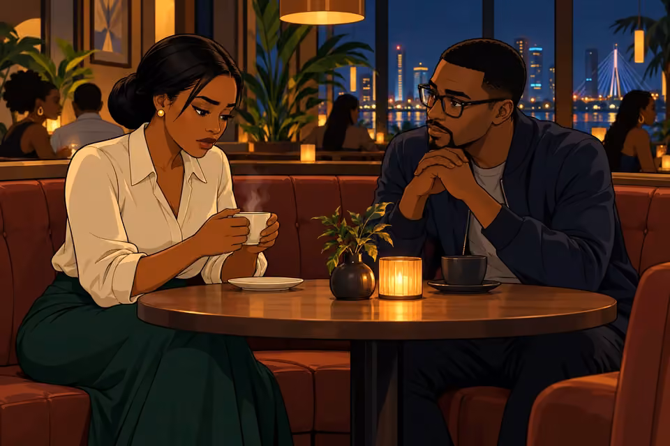 Claire cradles a coffee cup while speaking privately with Kunle in a cafe.