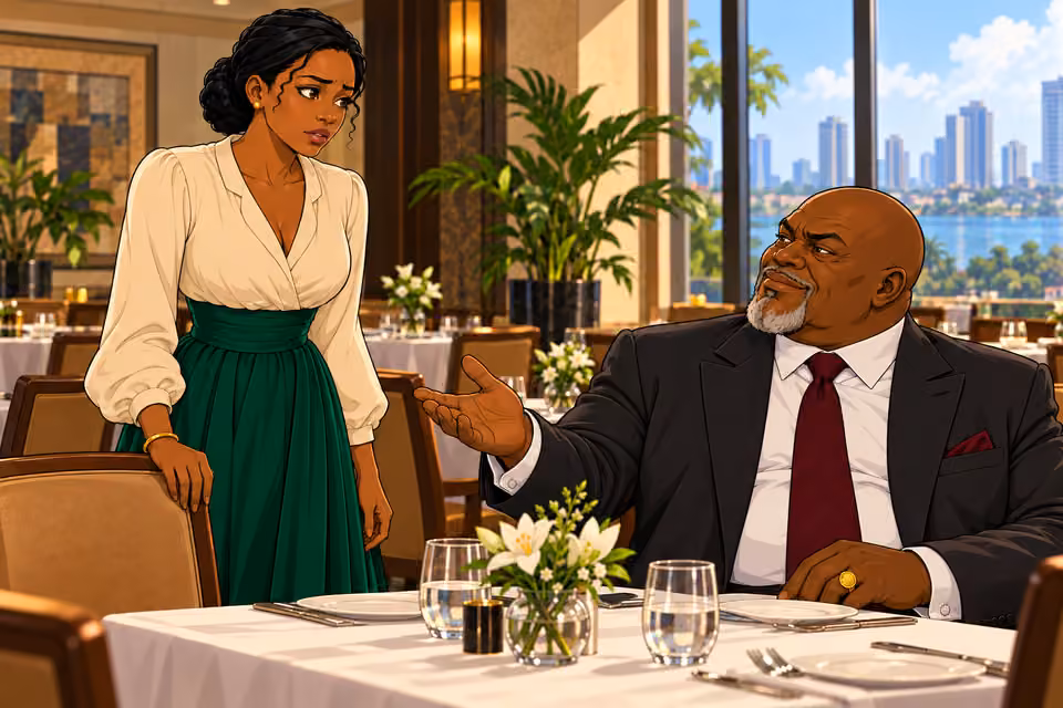 Baba Jide greets Claire.