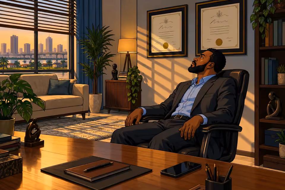 Marcus stares up at the framed degrees in his increasingly oppressive office.