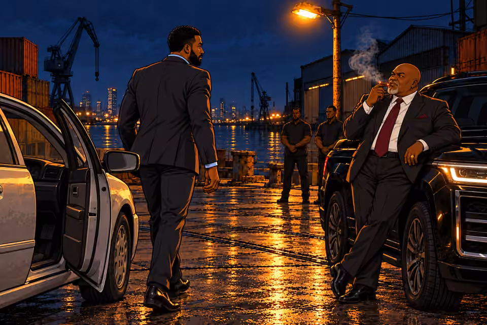 Marcus approaches Baba Jide at the dockyard.